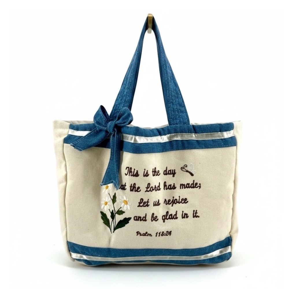 Vintage Embroidered Psalm 118:24 Canvas Tote Bag Cream Blue Floral Bow Detail